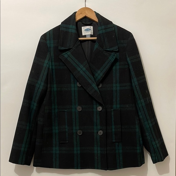 Old Navy Classic Plaid Double Breasted Wool Blend Pea Coat Large - Picture 2 of 6